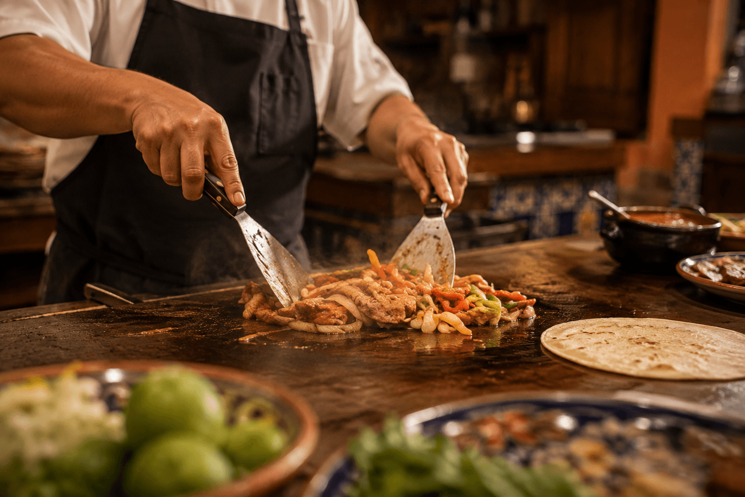 Cocinero preparando platillos al comal